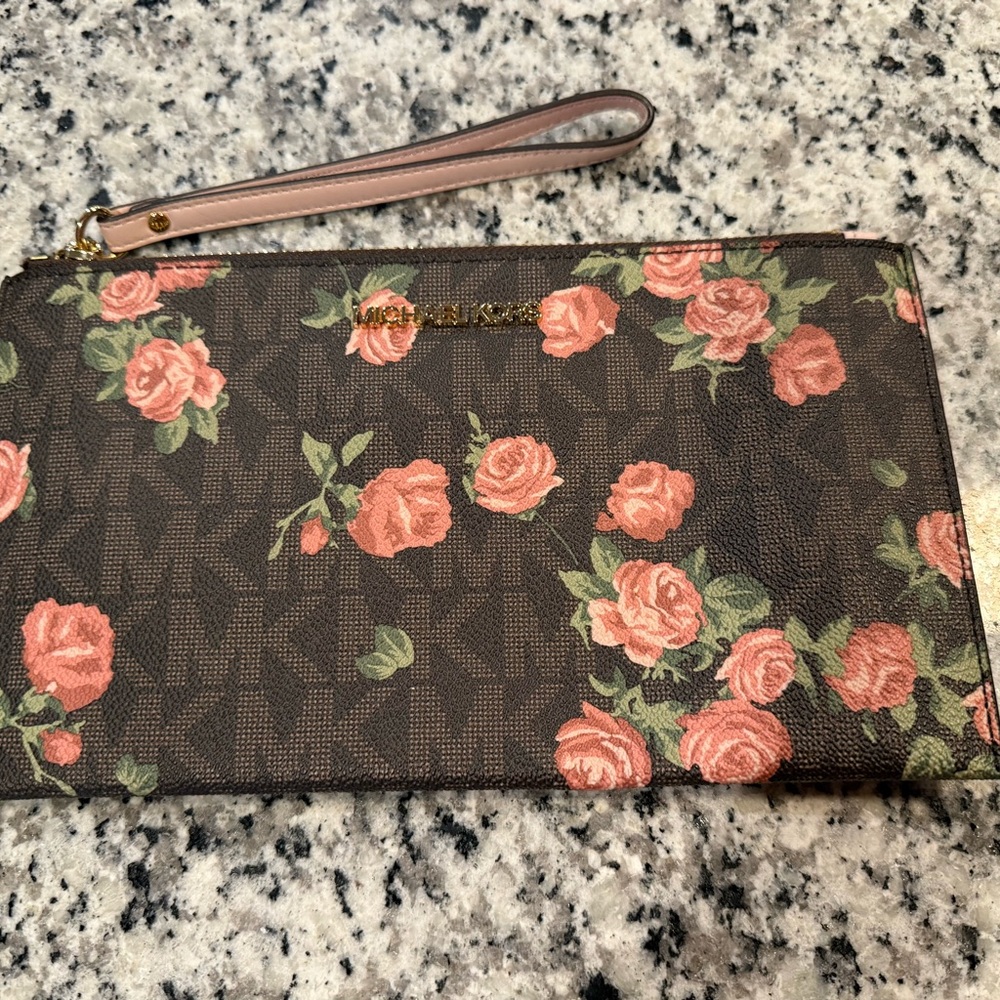 Michael Kors Brown and Pink Floral Clutch